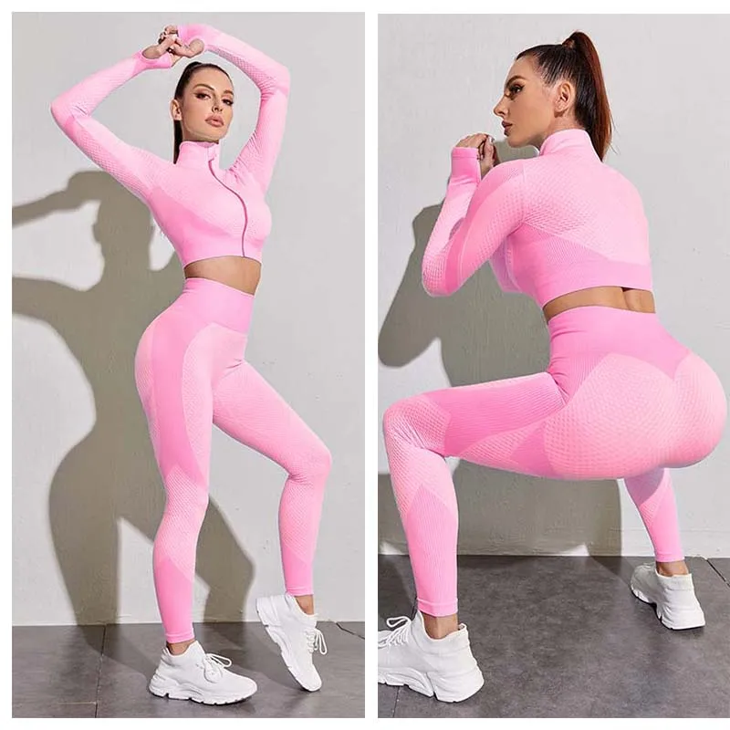 

Gym Woman Tracksuit Yoga Set Sports Workout Clothing Top Long Sleeve Breathable Running Sportwear Fitness Leggings 2 Piece