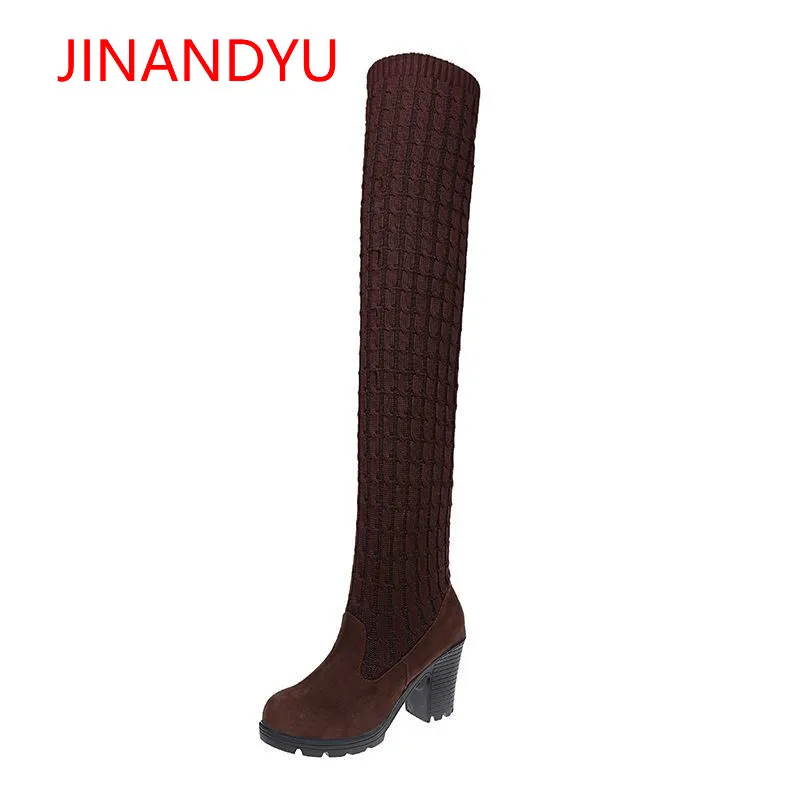 Сапоги выше колена женские вязаные эластичные ботфорты модная пикантная