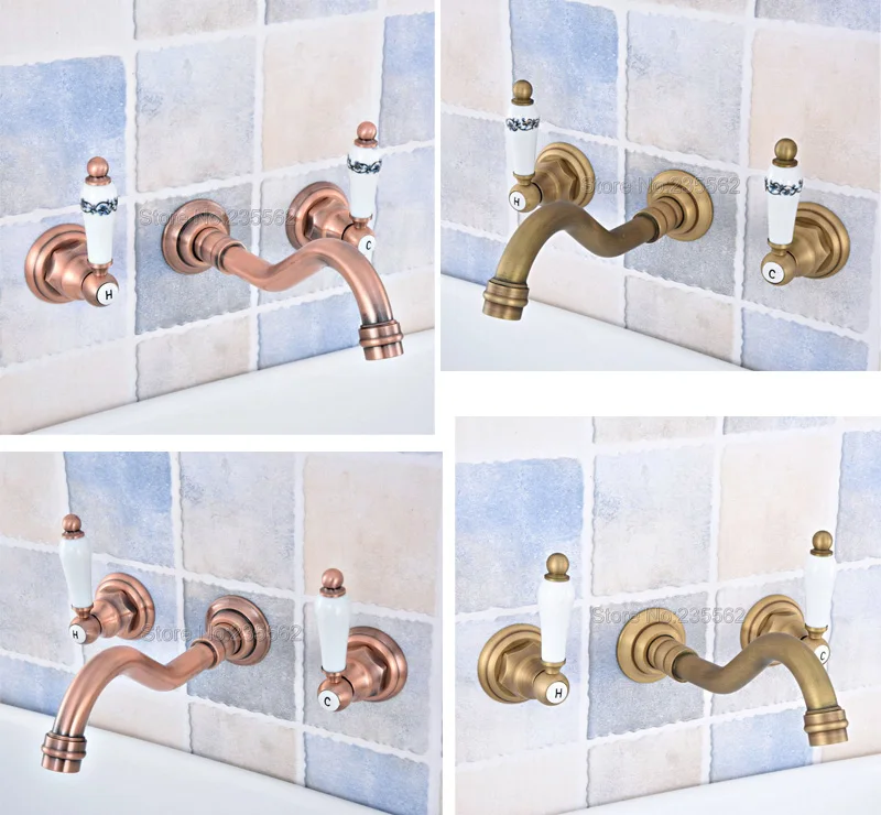 Двойные керамические ручки настенный смеситель для ванной комнаты красная медь 8