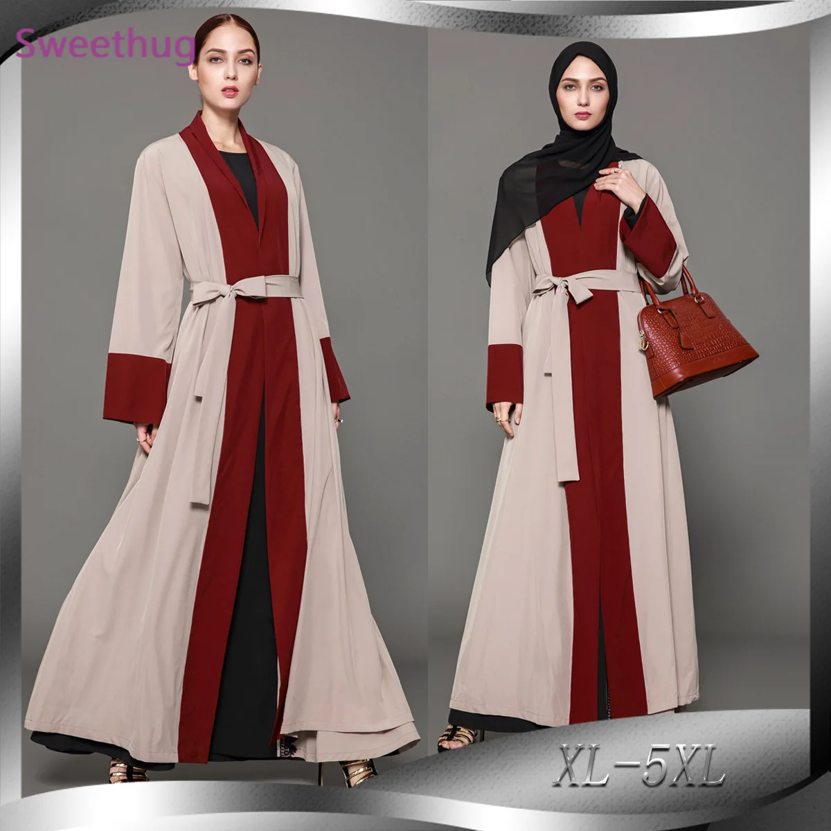 "2021 XL-5XL элегантное скромное мусульманское длинное Открытое платье с длинным рукавом Абая для женщин с поясом размера плюс"