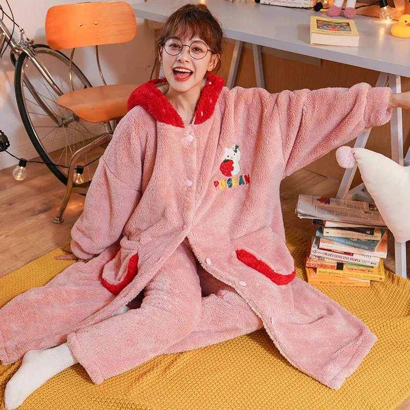 Plush Pajamas Cute Cartoon Hooded Woman Plus Size Nightgown and Home Service Suit for Autumn Winter Sleepwear Robe Schlafanzug