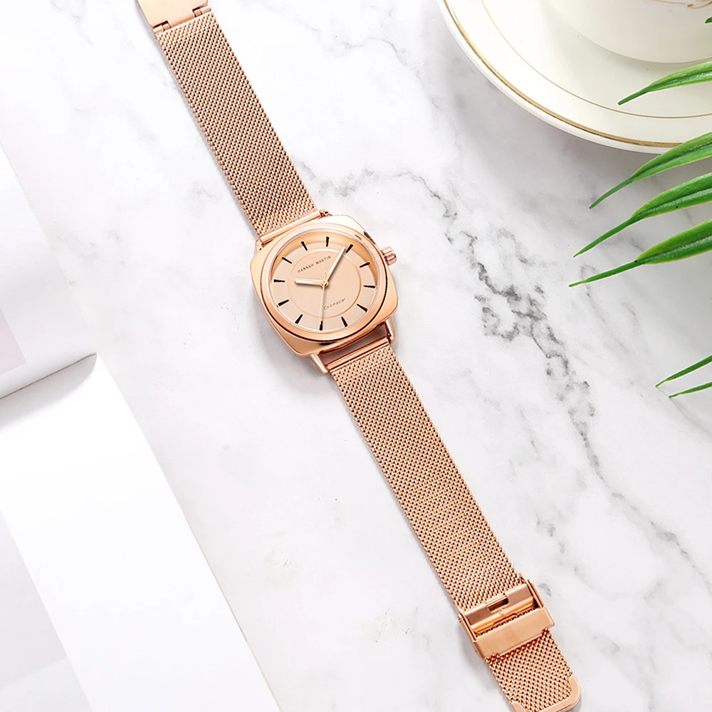 

1 Set Bracelet New Modern Fashion Rose Gold Quartz Ladies Women Stainless Steel Mesh Casual Square Wrist Watch Gift For Female