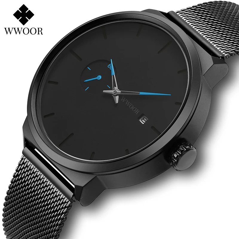 WWOOR Fashion Mens Watches Top Brand Luxury Ultra Thin Quartz Wristwatch Casual Mesh Steel Waterproof Sports Clocks Reloj Hombre