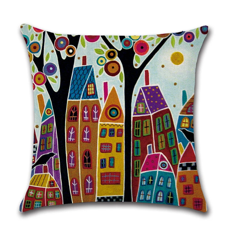 

Linen Painted Cushion Cover Retro Rural Cities Throw Pillow For Car Home Decor Cushions Seat Livingroom Decoration Pillowcase