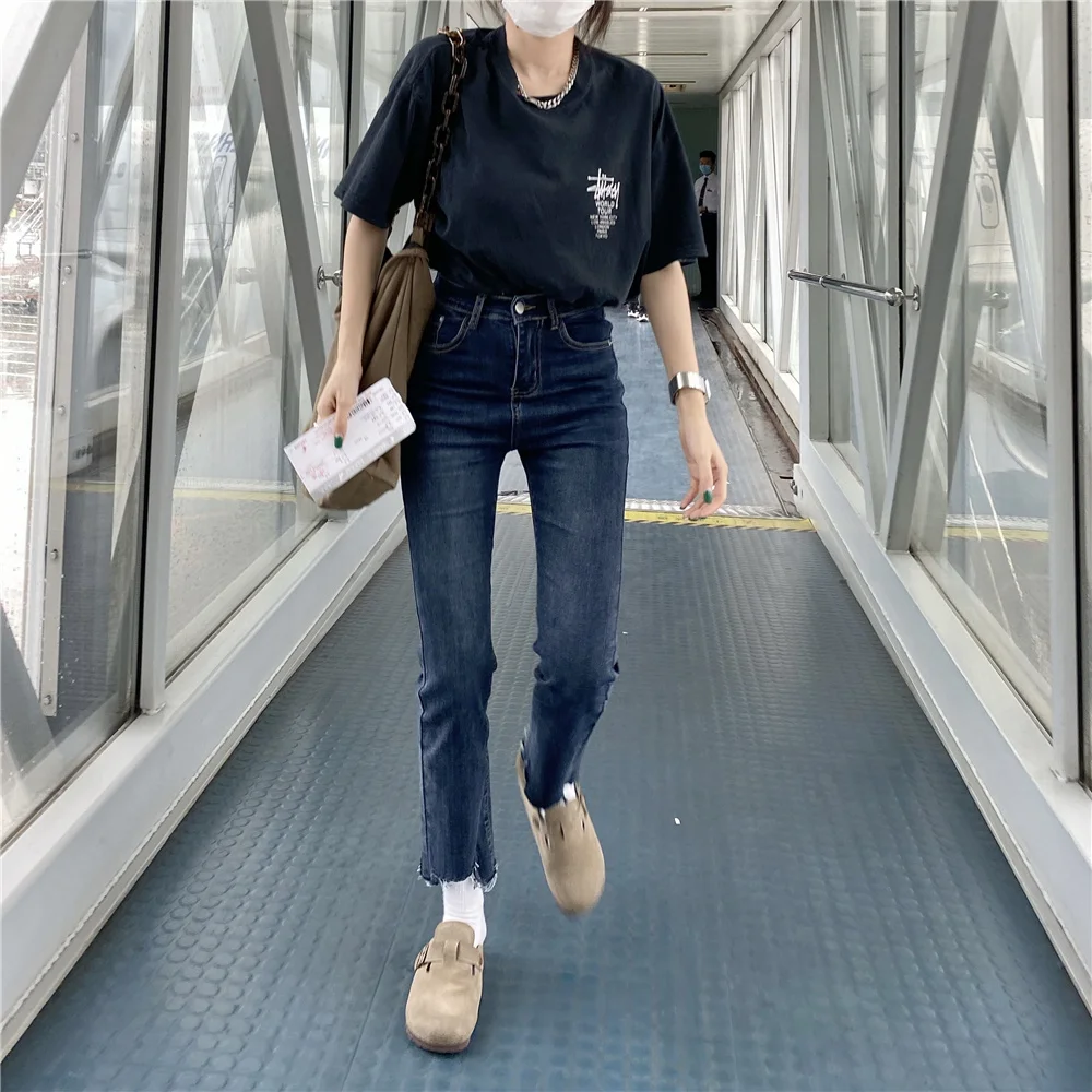 Асимметричные дизайнерские джинсы 2021 прямые тонкие микро-штаны с высокой талией