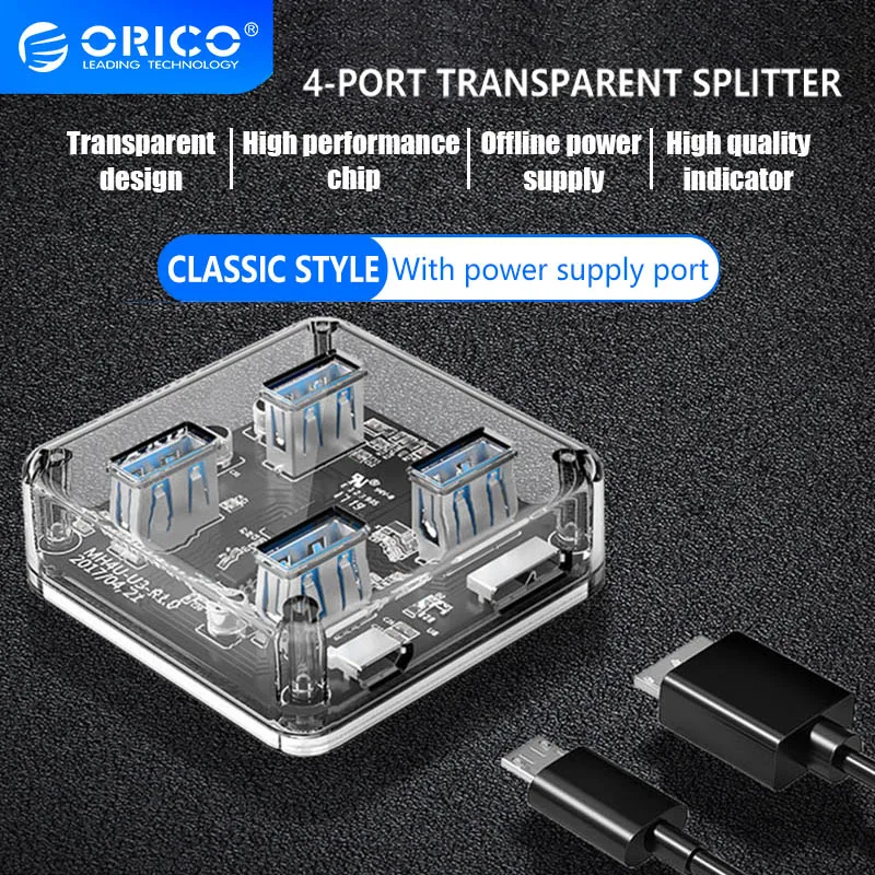 

ORICO USB HUB Multi 4/7 Port High Speed Transparent Series USB3.0 Splitter With Micro USB Power Port For Laptop PC Adapter