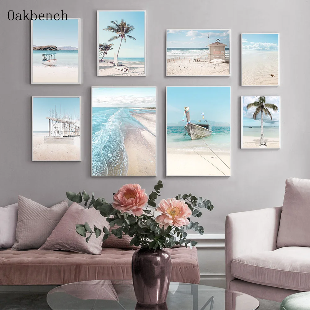 

Sea Scenery Canvas Painting Sailboat Poster Beach Coconut Tree Wall Art Print Ocean Posters Nordic Wall Pictures Home Decor