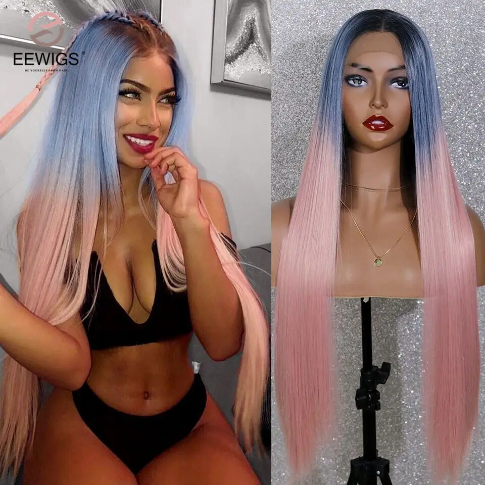 3 Tone Ombre Color EEWigs термостойкие прямые синтетические парики на кружеве Glueless косплей парик черный синий розовый 3 тона Омбре парики для женщин - Цвет: 3 Tone Ombre Color