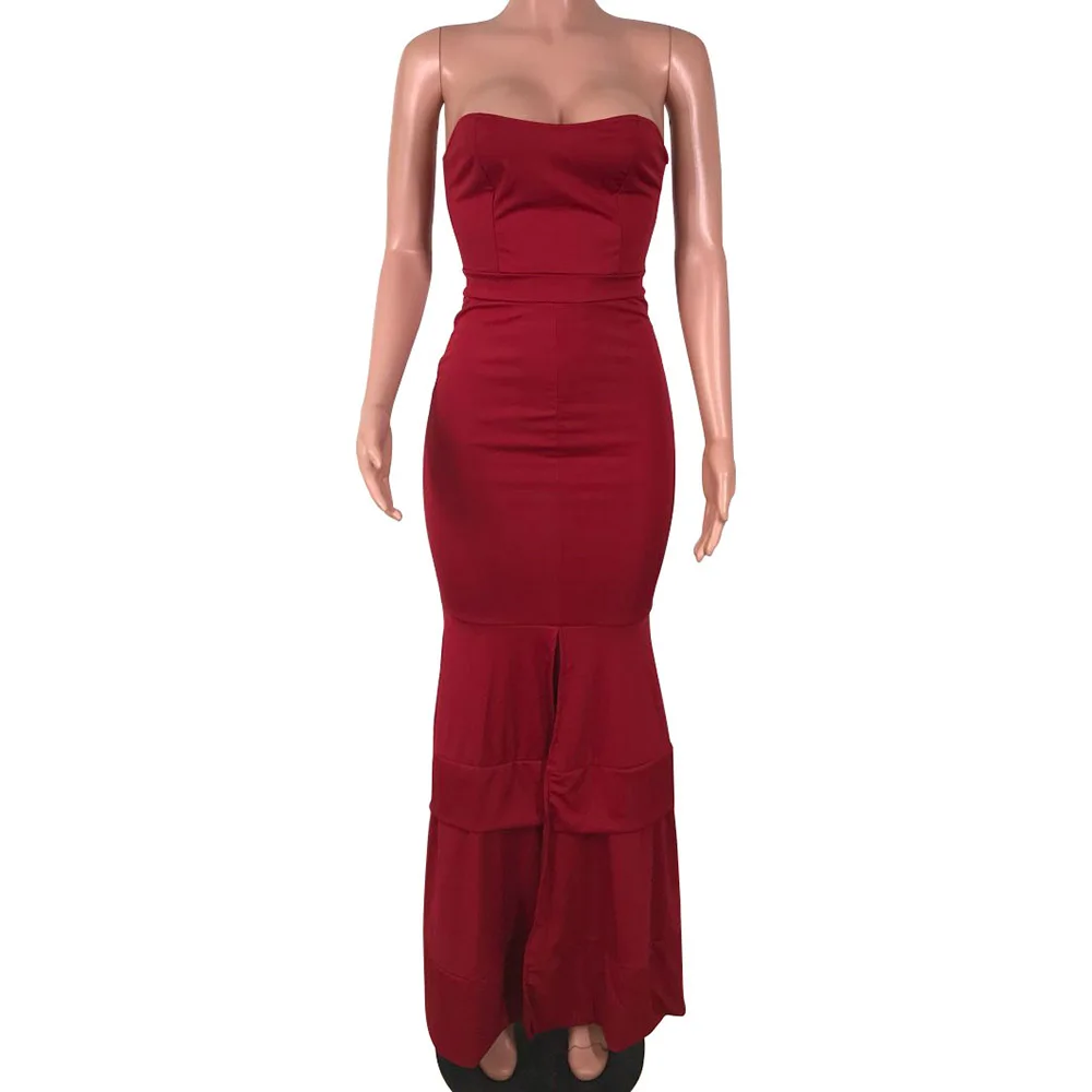 

Women Black Formal Evening Dress Sexy Strapless Tiered Ruffles Mermaid Long Dresses Red African Female Split Robe De Soiree New