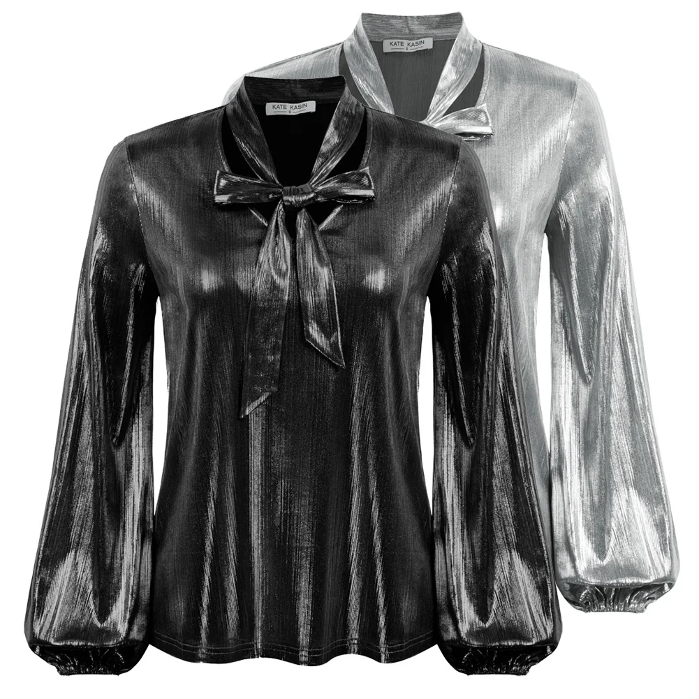 

High Texture Shirts Women Tops Shiny Metallic-Like Blouse Long Sleeve V-Neck Bow-knot Decorated Solid Color Summer Casual Formal
