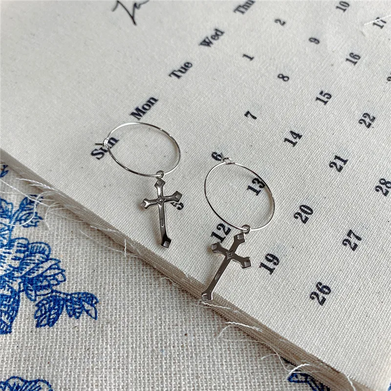 

POFUNUO 925 Sterling Silver Cross Hoop Earrings Elegant Vintage Gold Earrings For Women Silver Jewelry Wedding Party Girl Gifts