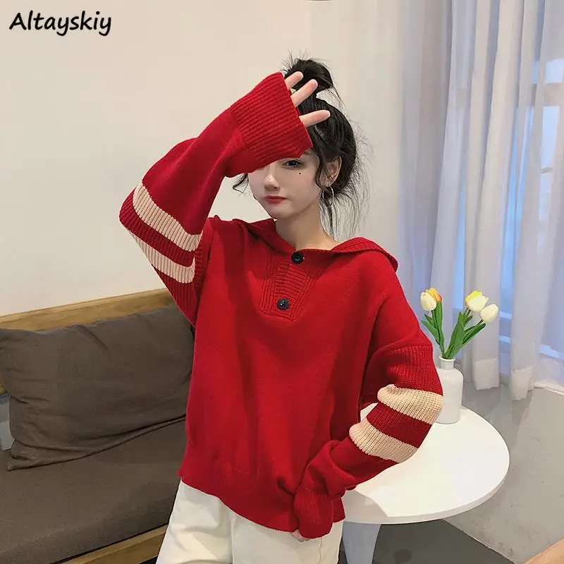 

Sweaters Women Vintage Clothes Long Sleeve Patchwork Hooded Stylish Lazy Spring All-match Friend Pullovers Korean Style Knitted
