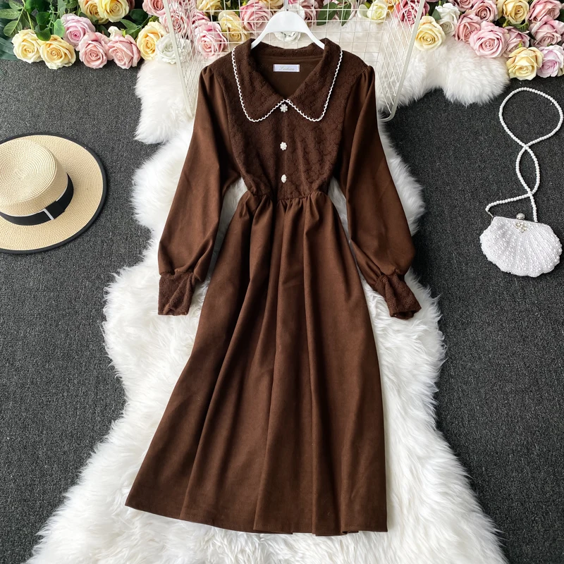 

Autumn Winter Vintage Turn-Down Collar Black/Brown Midi Dress Women Caual Single Breasted Long Sleeve A-Line Vestidos 2021 New