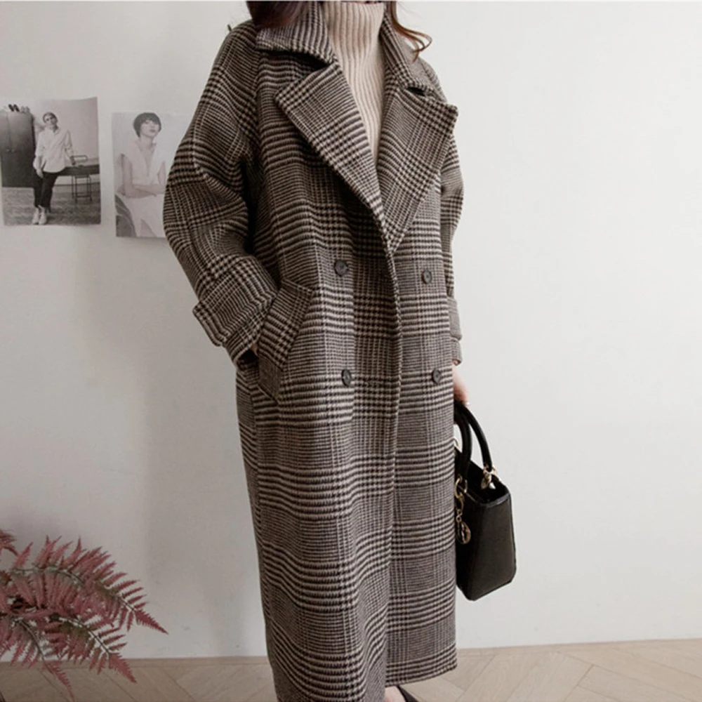 

Korean Fashion Office Lady Autumn Winter Long Cashmere Coat Woman Plaid Woolen Coat Jacket Overcoat Suit Outwear 2021