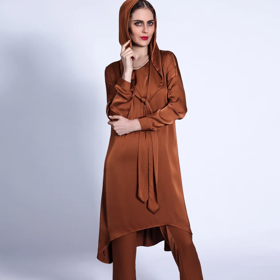 2021 Muslim New Turkey Solid Color with Cap and Strap Two Piece Top and Trousers Muslim Summer Fashion Women's Wear Abaya