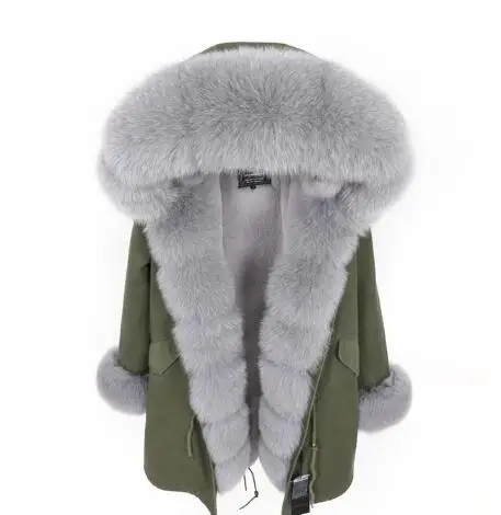 green grey fur Брендовая длинная шуба из натурального Лисьего меха со съемным воротником, женские зимние куртки, толстая теплая меховая парка, пальто из натурального меха - Цвет: green grey fur