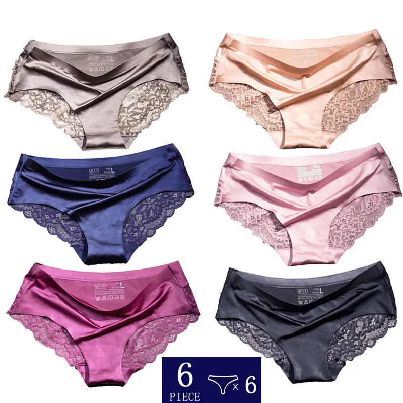 6pcs/lot QUCO brand women underwear Ice silk seamless lace briefs sexy lingerie Women's panties
