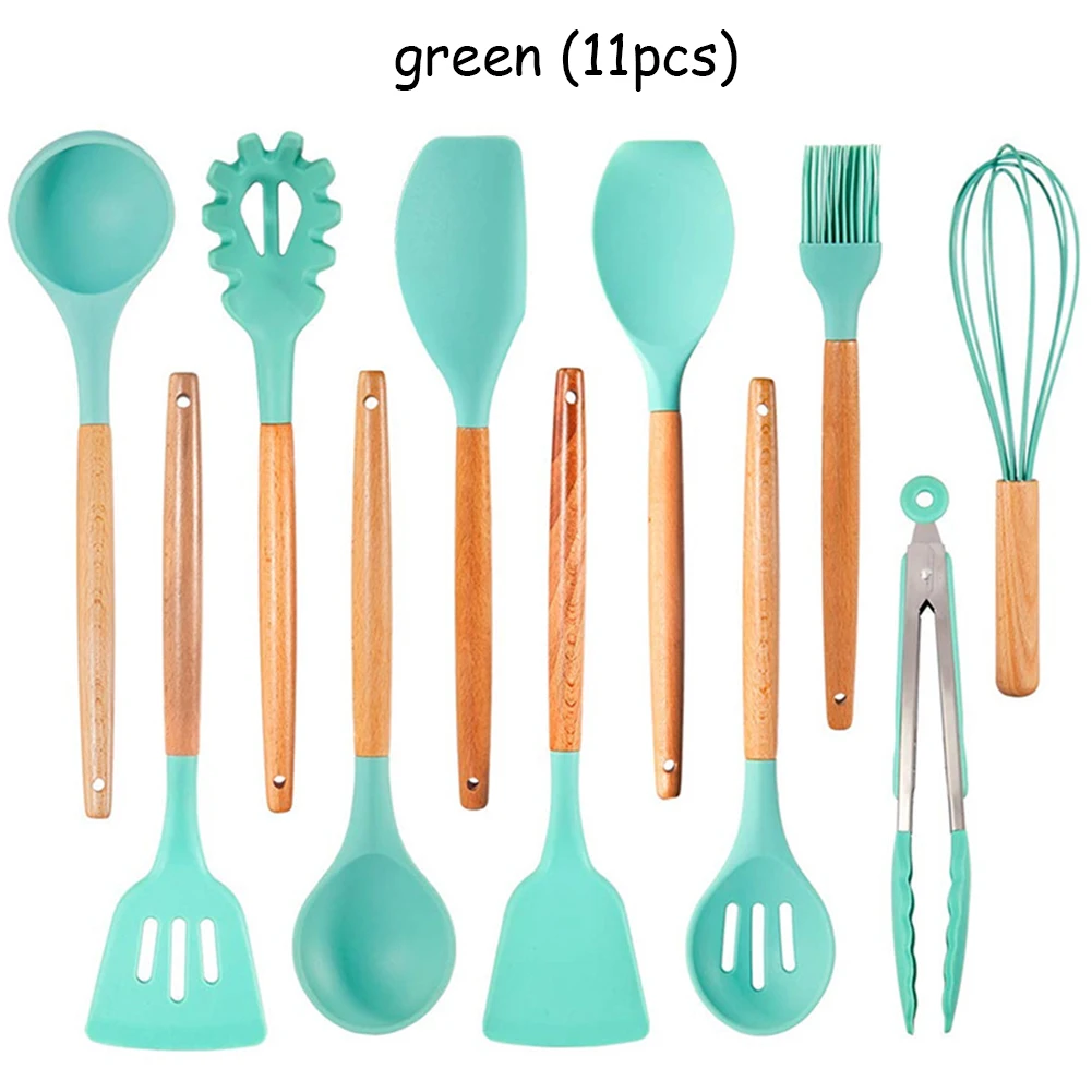Light Green 11Pcs 9/10/12 Pcs Silicone Cooking Tools Kitchen Utensils Set Bamboo Handles Cooking Tool None Toxic Kitchen Gadgets Nonstick Cookware - Цвет: Light Green 11Pcs