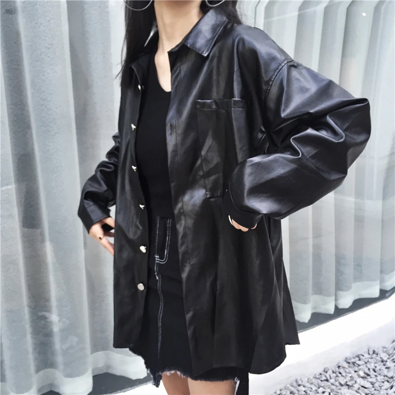 Весна 2019 черная Свободная рубашка из искусственной кожи Женский однобортный