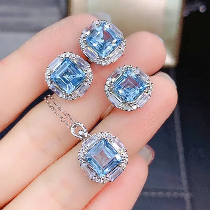 

MDINA Luxurious Sky Blue Topaz Square Jewelry Set 925 Silver Ring Earrings Pendant Necklace Fine Wedding Jewelry for Women