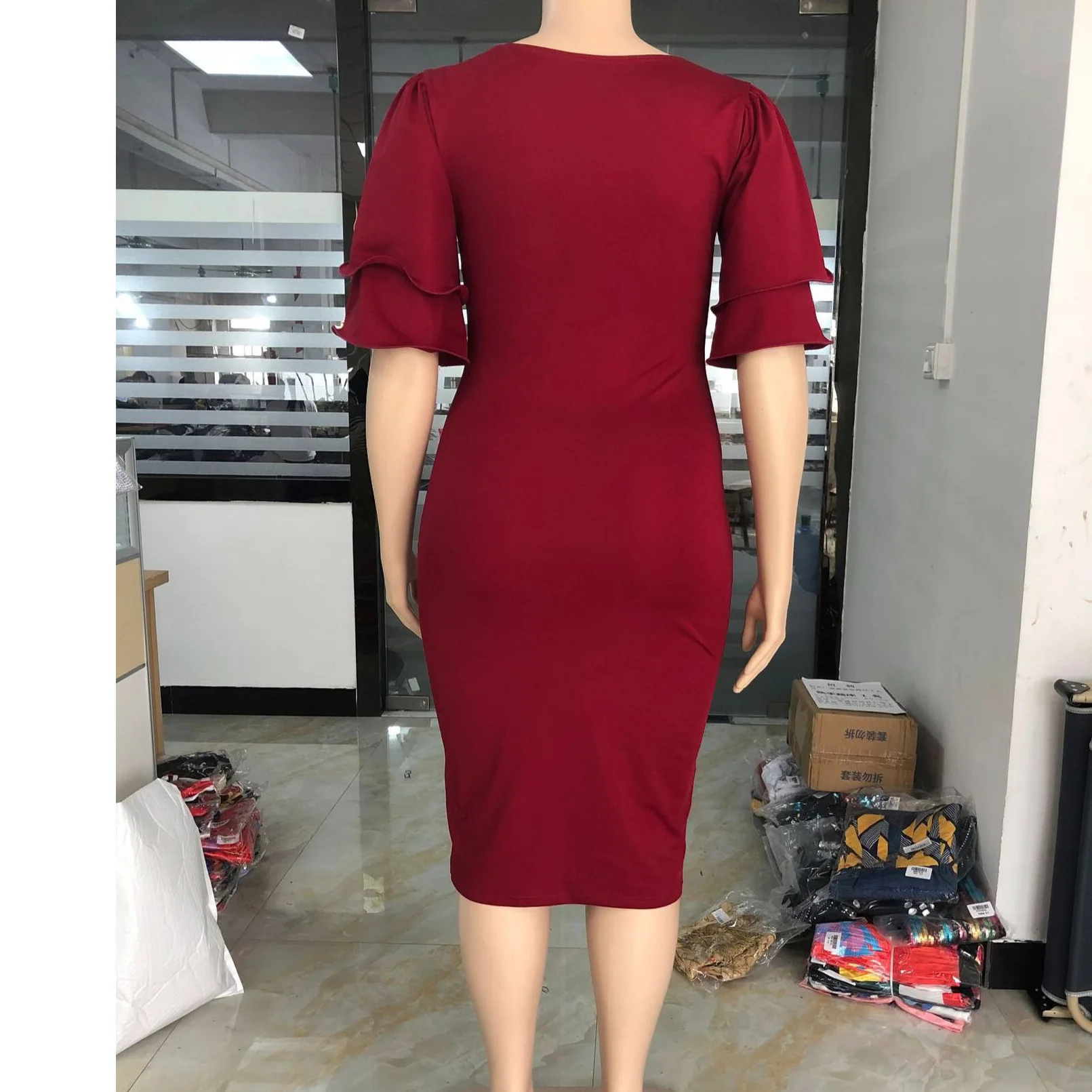 

Elegant Dress Women For Wedding Party Midi High Waist Red Black Plain Flare Sleeve 2020 Summer Fashion Office Lady Clothes Dress