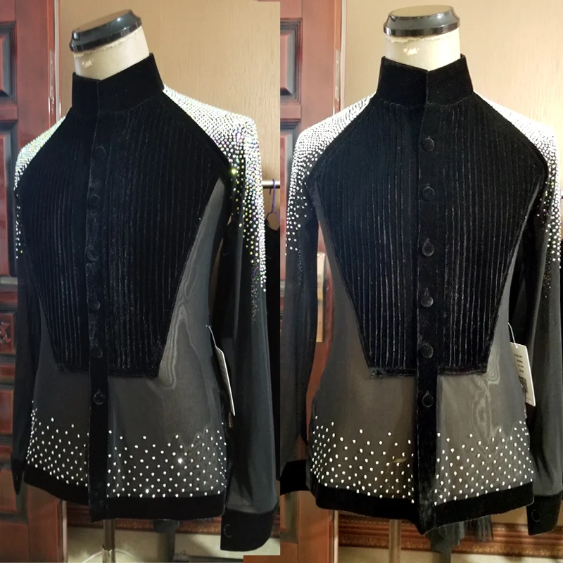 

Блестящие топы для латиноамериканских танцев мужская одежда Стразы Бархатная и сетчатая рубашка для соревнований по Латиноамериканскому ...