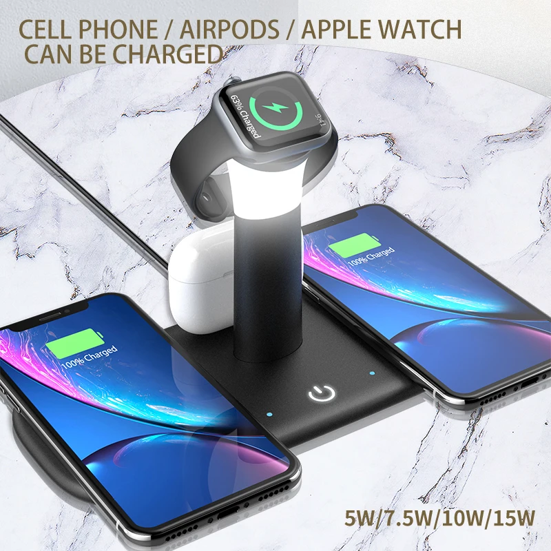 

15W Qi Fast Wireless Charger For iPhone 12 11 XR X 8 Apple Watch 5 In 1 With Light Lamp Charging Station Multi-Scene Application