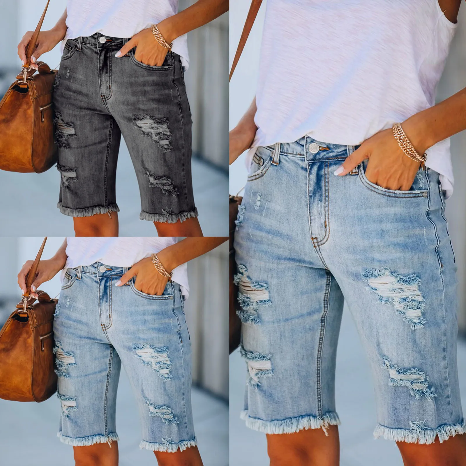 Женские Эластичные Капри отбеленные леггинсы с вырезами короткие брюки летние