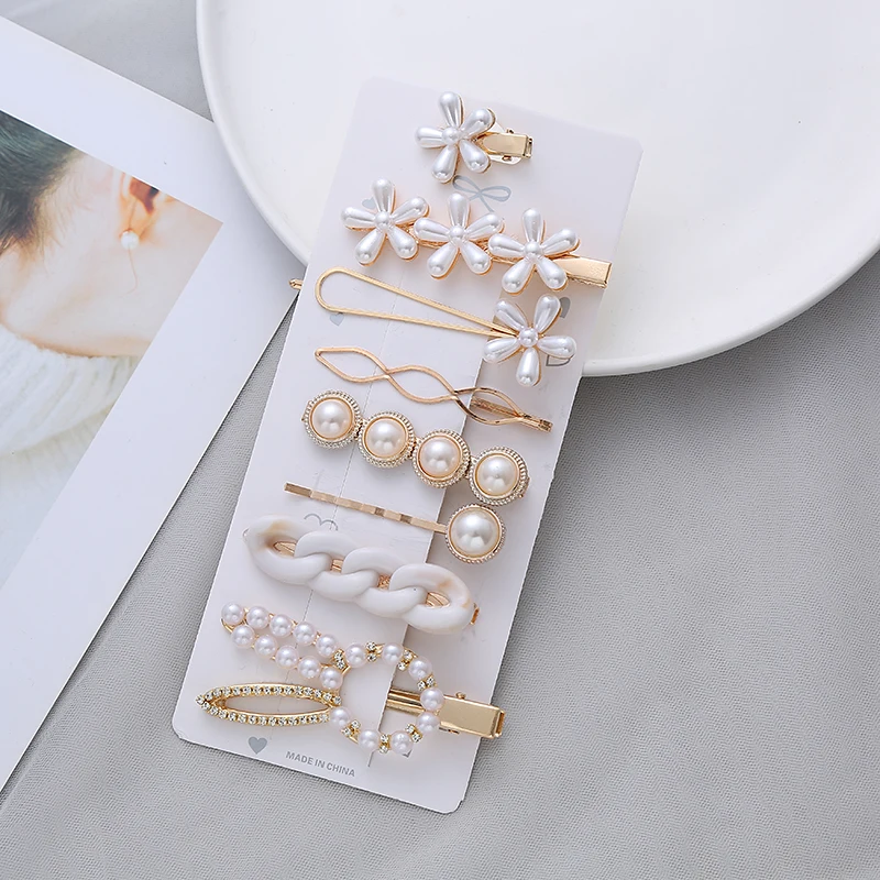 

8-piece set of clean rabbit suit net red pearl hairpin simple hairpin female top clip bangs clip Sen fairy headdress