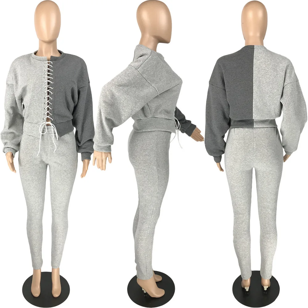 

Echoine Casual Two Piece Set Clothes for Women Color Block Spliced Stacked Long Sleeve Crop Top+sporty Jogger Trouser Sweatsuits