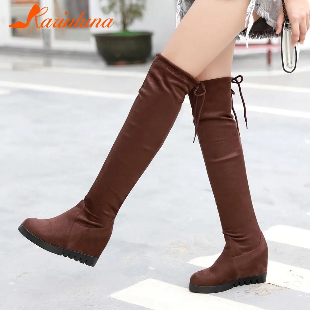 

Женские повседневные Сапоги выше колена Karinluna, однотонные сапоги на платформе с круглым носком и эластичным ремешком, для увеличения роста