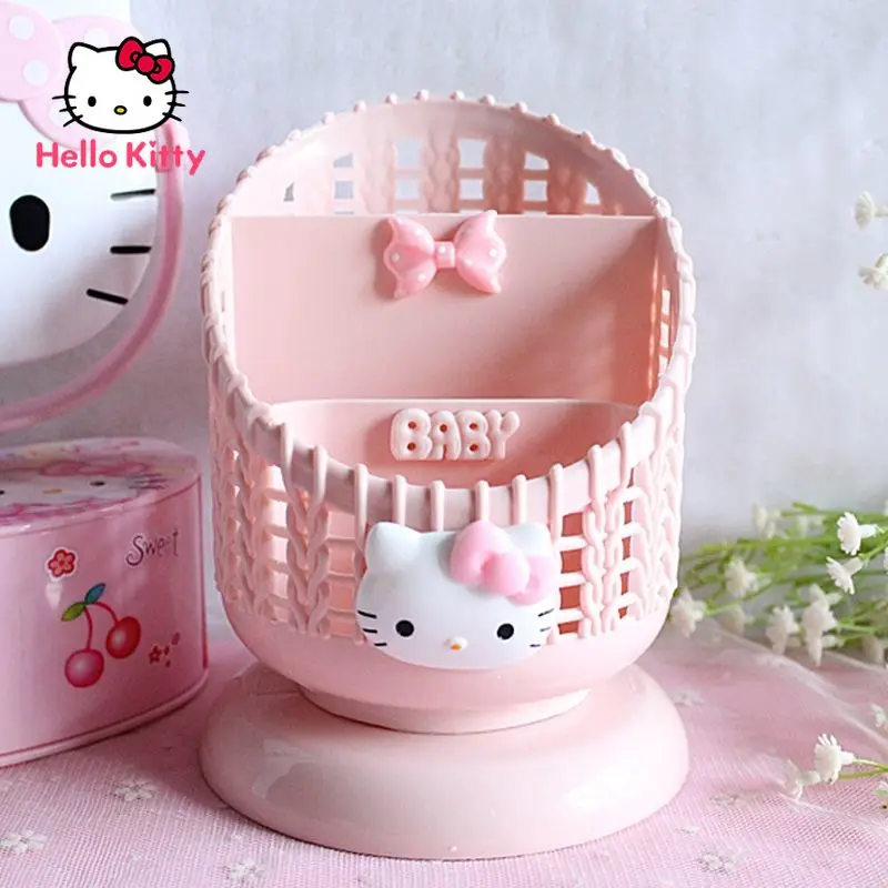 

Hello Kitty Creative Cartoon Pen Holder Divided Grid Fashion Cute Office Portable Box Simulation Rattan Desktop Decoration
