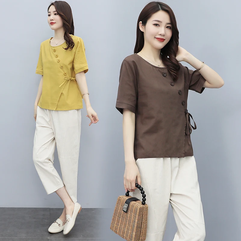 

2021 Summer Women's 2Pcs Solid Blouse+Pants Office Lady Two Pieces Set Casual Fashion Tops And Elasticity Waist Trousers Sets