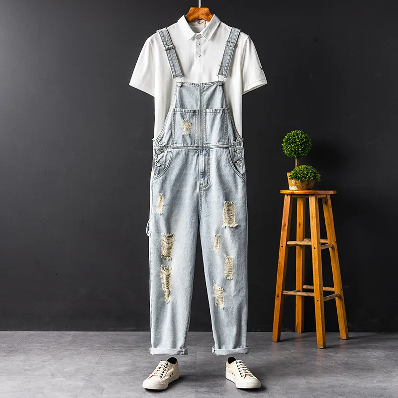 Men Hole Bib Denim Overalls Loose Fashion Hip Hop Ripped Jeans Jumpsuit Blue Tattered Homme Wide Leg  Pants Freight Trousers