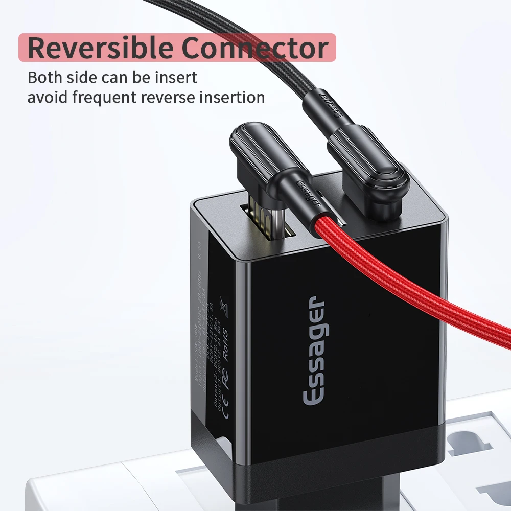 Зарядный кабель Essager USB Type-C для быстрой зарядки USB-C 90 градусов 3 А Samsung S20 S10 Plus Xiaomi mi