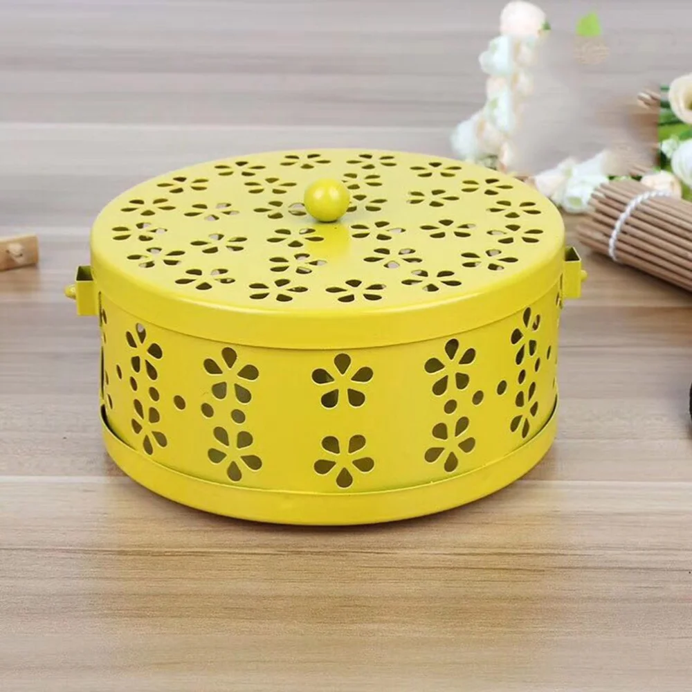 

Retro Fireproof Mosquito Coil Box with Handle Metal Hollow Out Mosquito Coil Holder Incense Burner Case (Yellow)