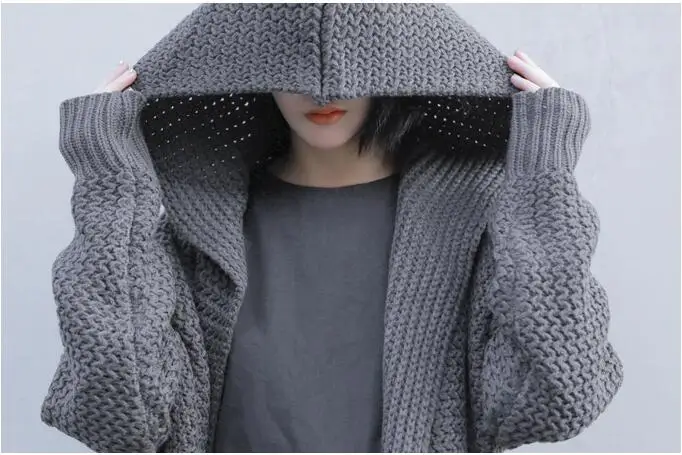 2019 Winter Women Poncho Long Sleeve Oversize Knitted Thick Dark Gray Cardigans Coat Hooded Sweater Jumper Cape |