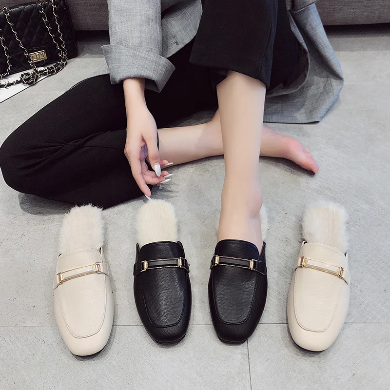 Меховые плюшевые тапочки с металлической пряжкой однотонные кожаные туфли