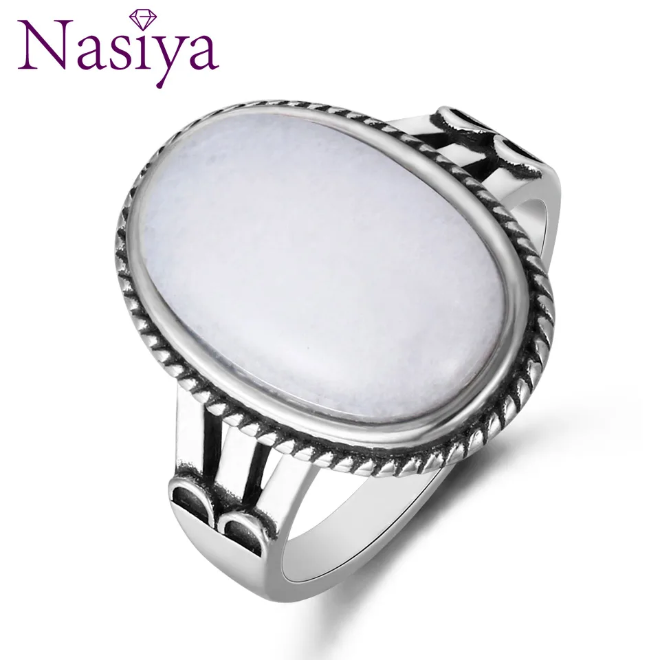 Chalcedony Новые классические большие кольца Nasiya 10x17 мм, овальные натуральные высококачественные лунные камни для женщин, 925 серебро, хорошее винтажное ювелирное изделие - Цвет камня: Chalcedony