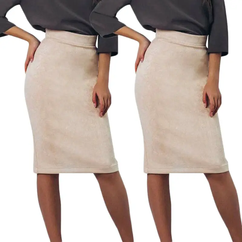 Женская замшевая юбка-карандаш средней длины с высокой талией серого розового