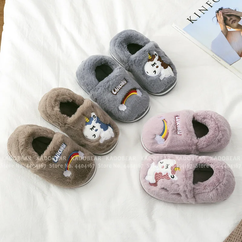 Детские плюшевые тапочки с мультяшным единорогом зимняя обувь для маленьких