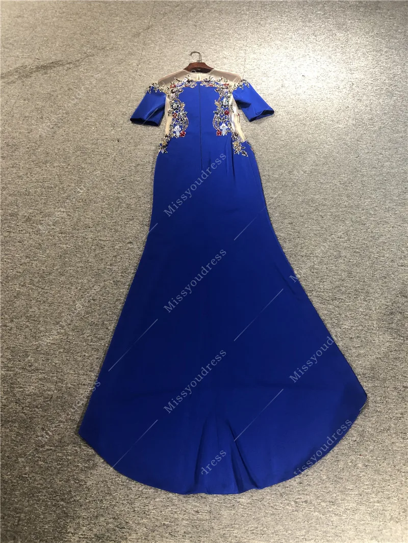 Marchesa Royalblue CustomMade Real Photos Heavy Beads Half Sleeves Mermaid Floor Length Party Prom Dance Women Evening Dresses