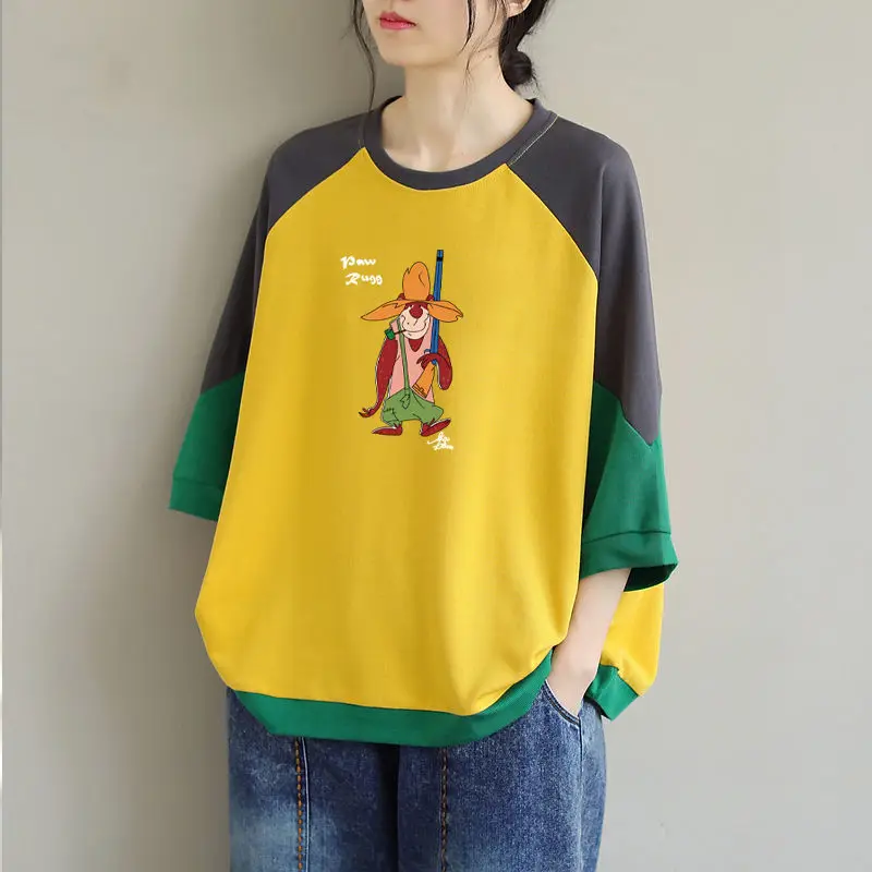 

Cotton T-shirt women's summer casual age reduction loose print color matching round neck T-shirt 5 / sleeve large cotton top [to