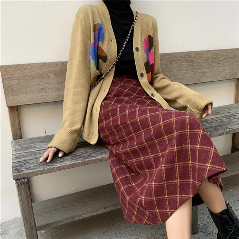 KINOMI осень-зима толстые шерстяные длинные юбки с высокой талией красные клетчатые