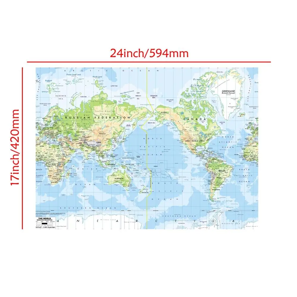 A2 Size The World Map Mercator Projection Fine Canvas Non-Smell Wall For School Office Classroom Decor | Канцтовары для офиса и