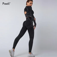 peeli 2 pc sports set seo seamless yoga set sport suit for women long sleeve gym crop top high waist leggings fitness gym suit