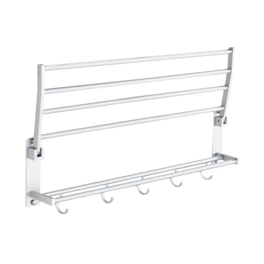 

40/50/60cm Space Aluminum Double Towel Rack With 5 Hooks Foldable Towel Kitchen Bathroom Shelves TP-Hot