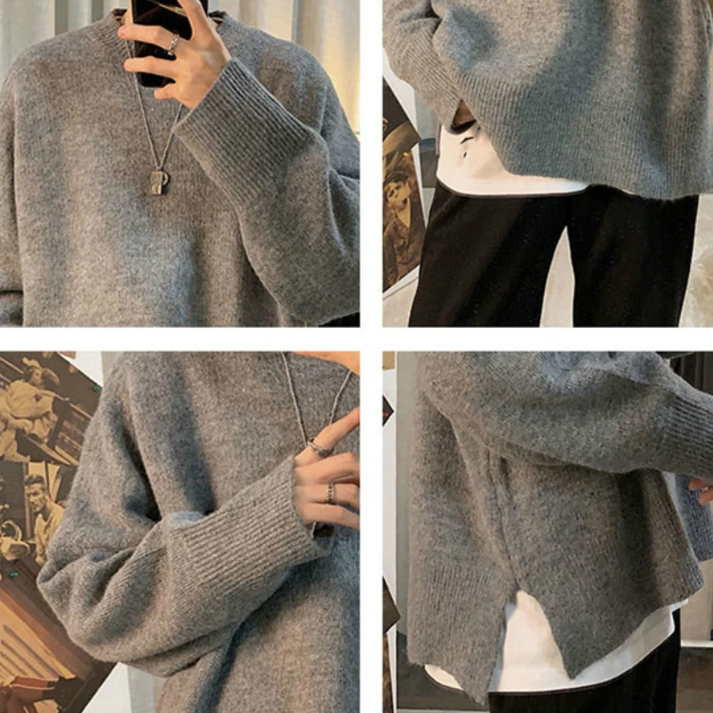 

Men Pullovers Sweater Solid Side Split O-Neck Loose Trendy Males Simple Cool Street Wear Leisure Soft Warm Chic All-match Couple