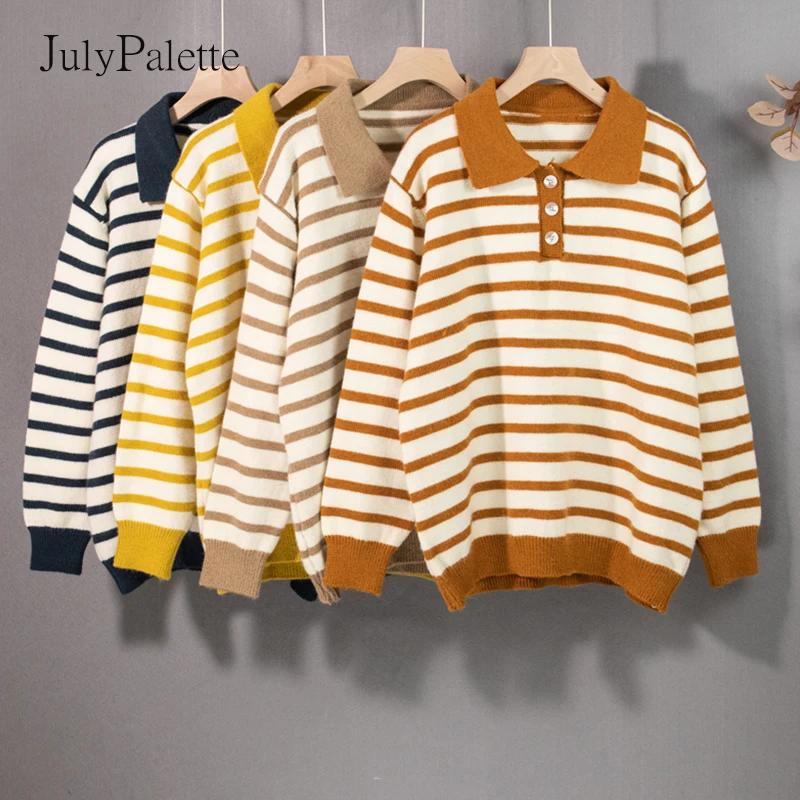 

Julypalette осенне-зимний полосатый свитер с отложным воротником Женский вязаный пуловер с длинным рукавом винтажный свободный женский корейск...