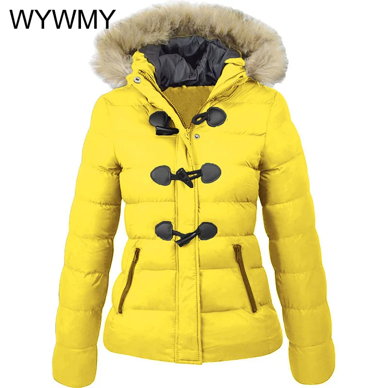 WYWMY Winter Snow Coat Women Parkas Casual Fur Collar Horn Buckle Parkas Cotton Solid Jacket Female Hooded Coats Warm Clothes